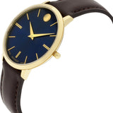 Movado Ultra Slim Blue Dial Brown Leather Strap Watch For Women - 0607092