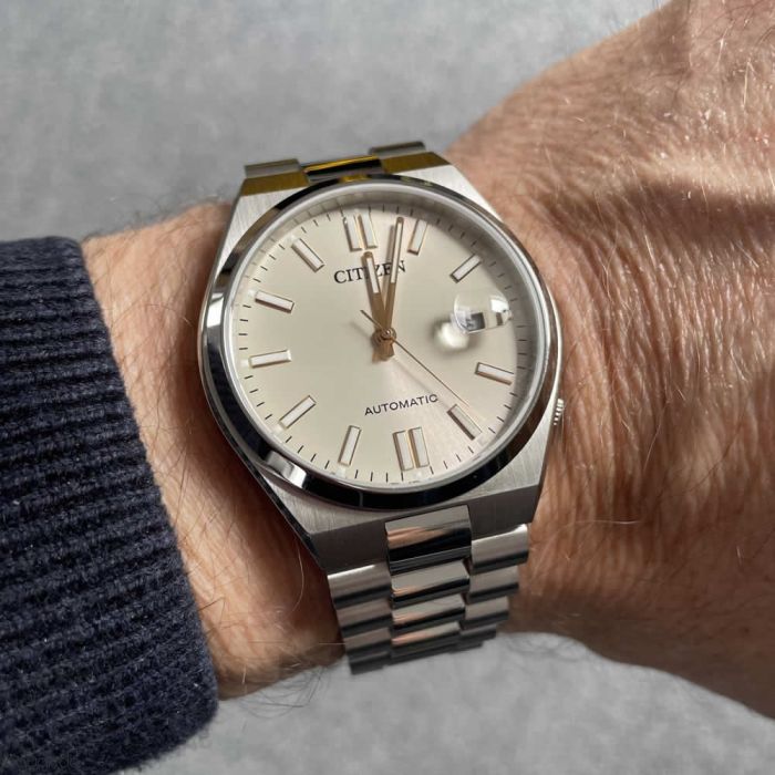 Citizen Tsuyosa NJ0151-88W Men's Automatic Watch – Oatmeal White Dial with Silver Steel Strap