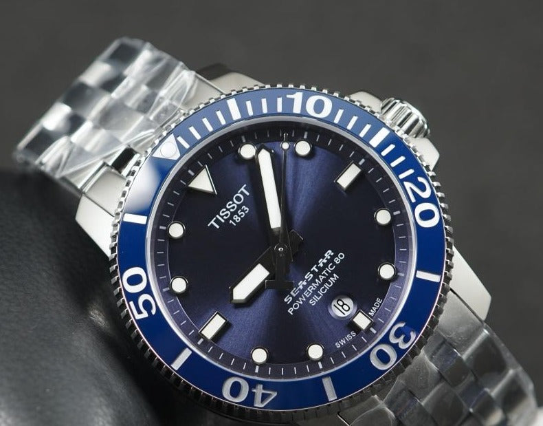 Tissot T Sport Seastar 1000 Powermatic Silicium Blue Dial Silver Steel Strap Watch For Men - T120.407.11.041.01