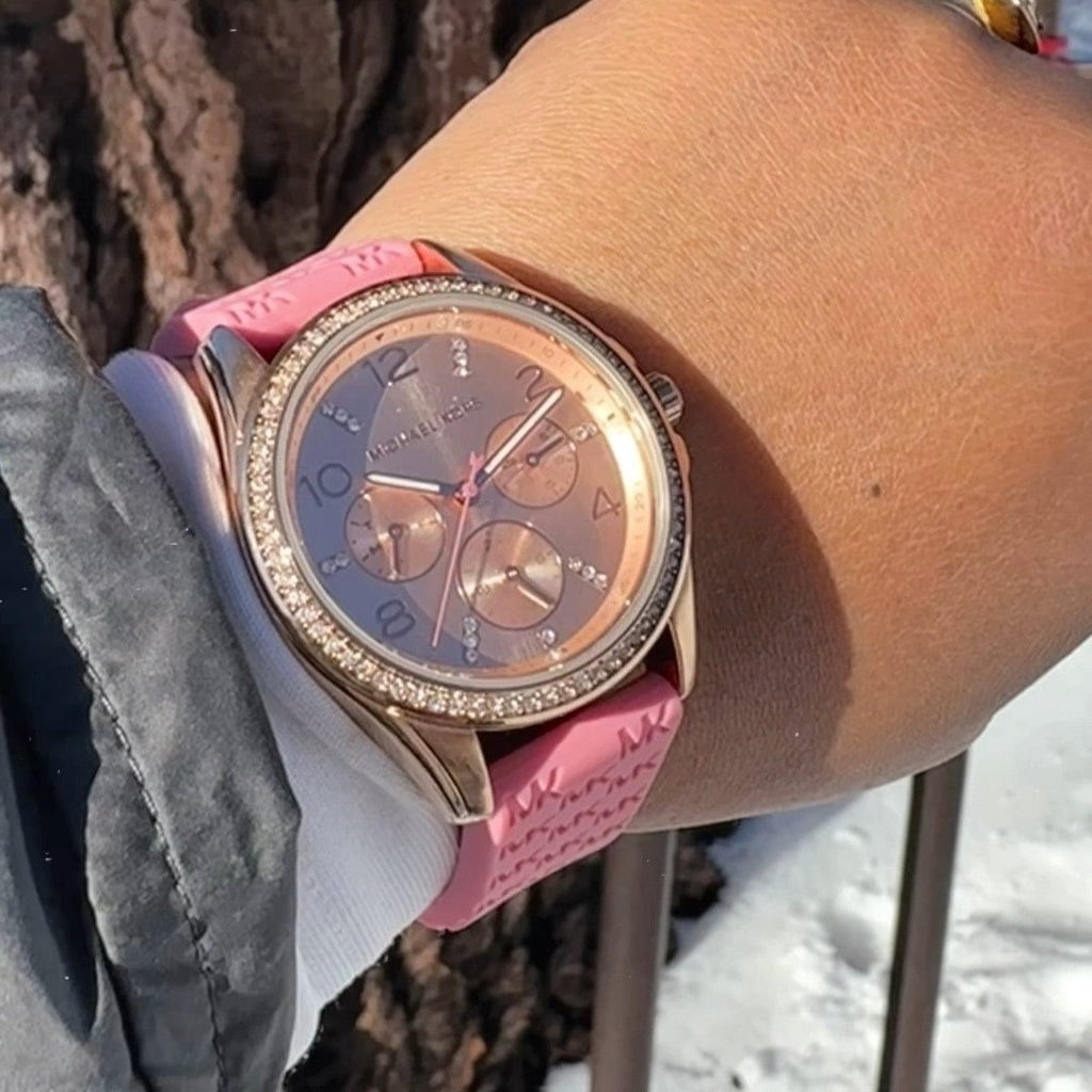 Michael Kors Mini Pilot Quartz Rose Gold Dial Pink Silicone Strap Watch For Women - MK7375