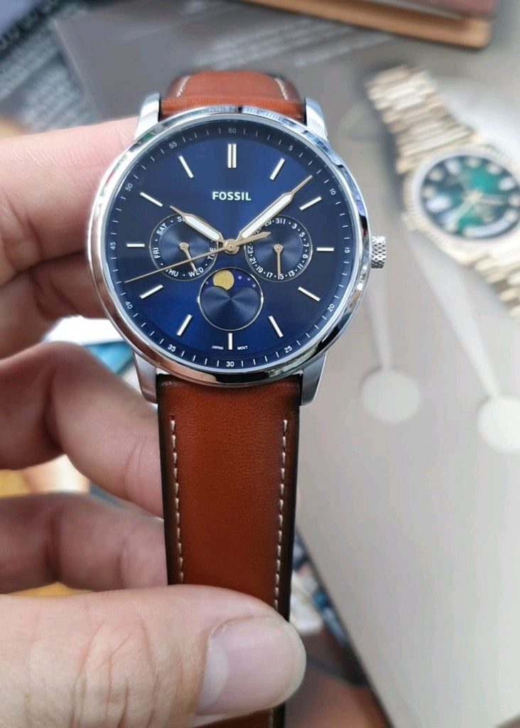 Fossil FS5903 Neutra Minimalist Moonphase Men’s Watch – Blue Dial with Brown Leather Strap