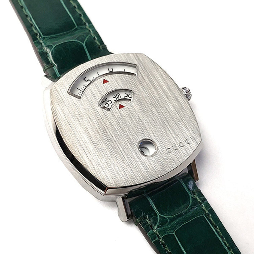 Gucci Grip Quartz Silver Dial Green Leather Strap Watch For Women - YA157404