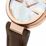 Gucci G Interlocking Mother of Pearl Dial Brown Leather Strap Watch For Women - YA133516