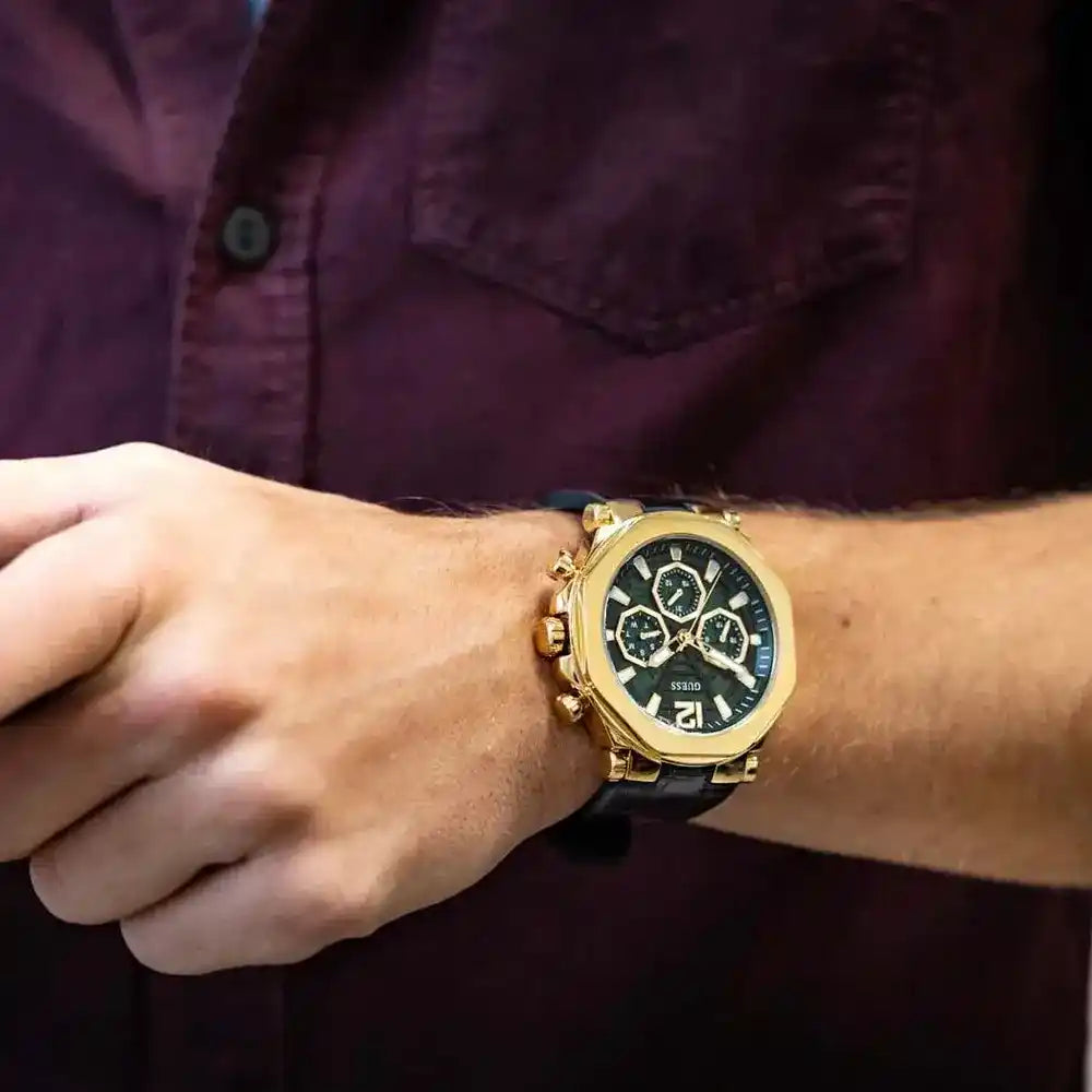 Guess Edge Chronograph Green Dial Black Leather Strap Watch For Men - GW0492G3