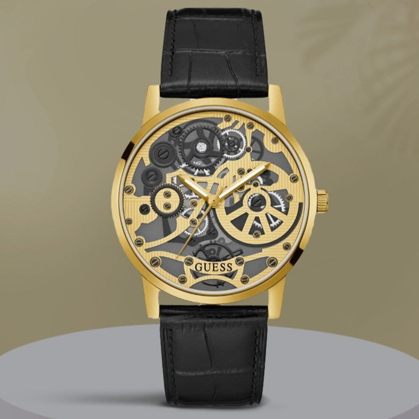 Guess Gadget Gold Dial Black Leather Strap Watch for Men - GW0570G1