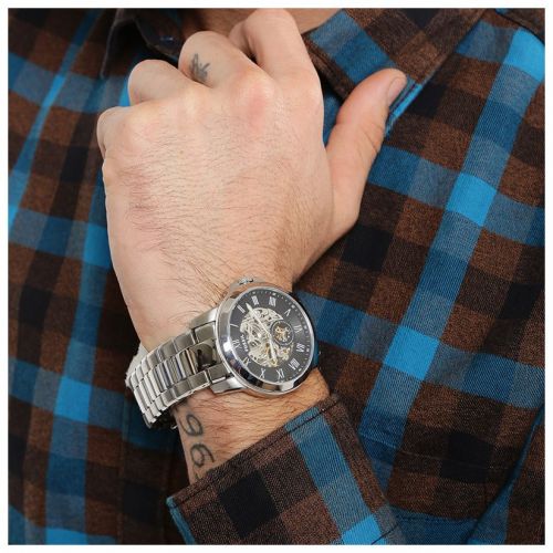 Fossil Grant Skeleton Black Dial Silver Steel Strap Watch for Men - ME3055