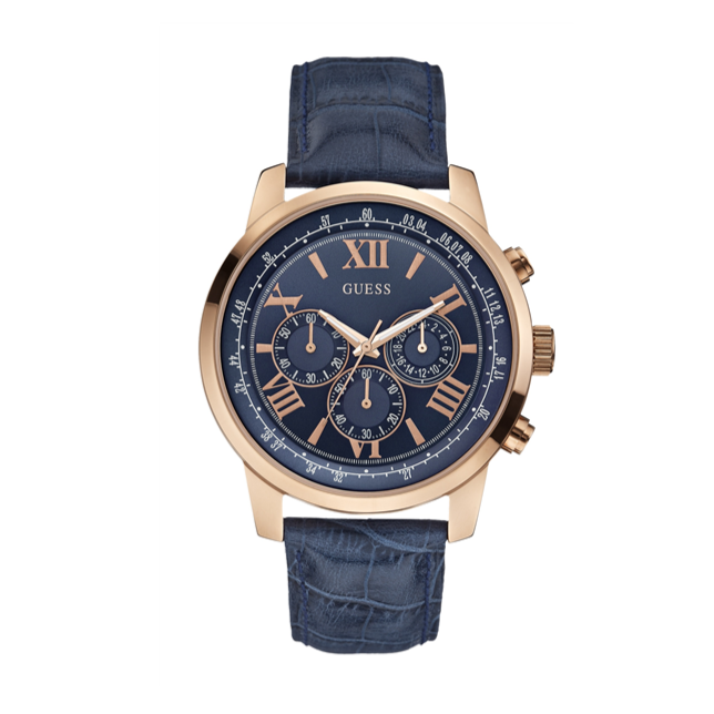 Guess Horizon Chronograph Blue Dial Blue Leather Strap Watch For Men - W0380G5