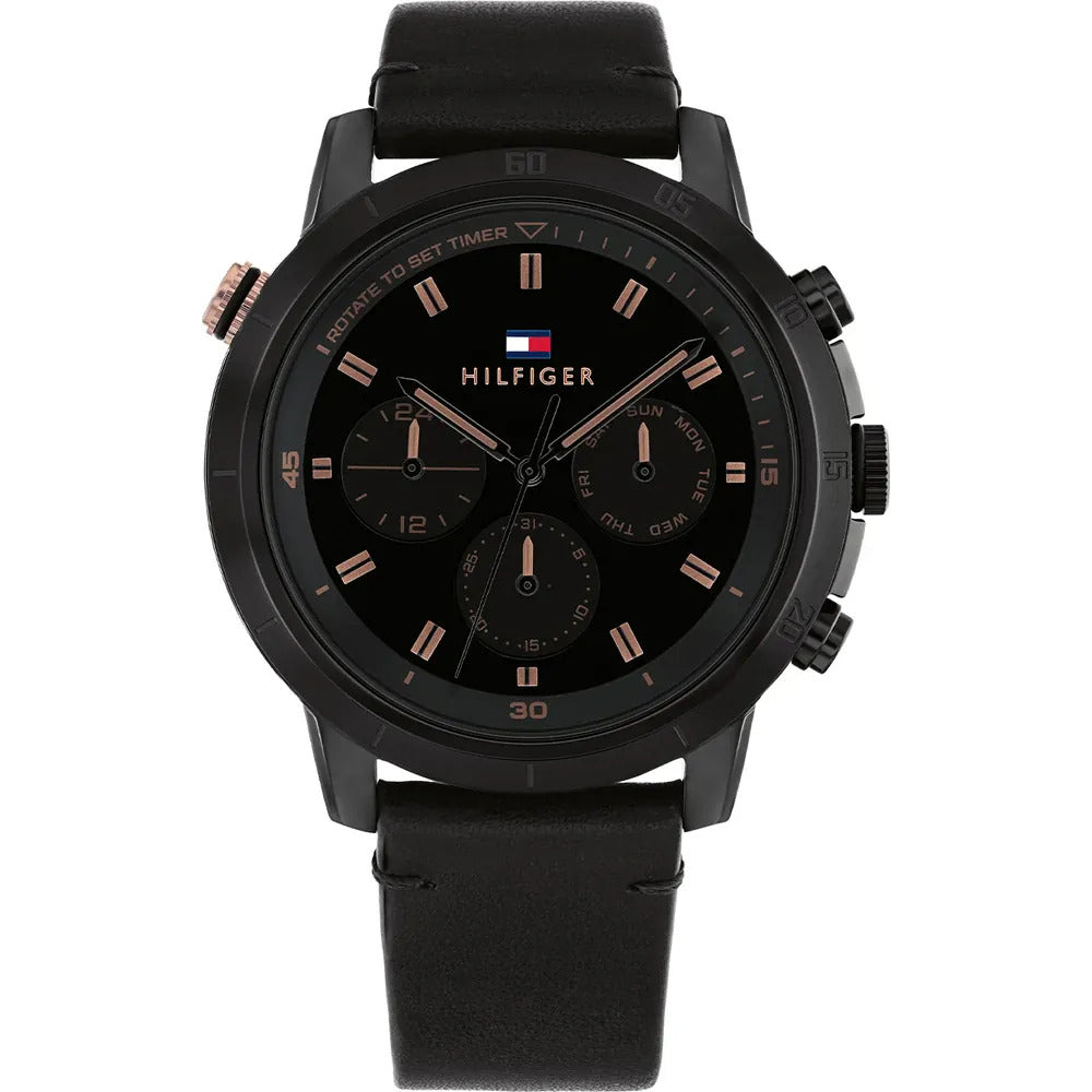 Tommy Hilfiger Troy Chronograph Black Dial Black Leather Strap Watch For Men - 1792110