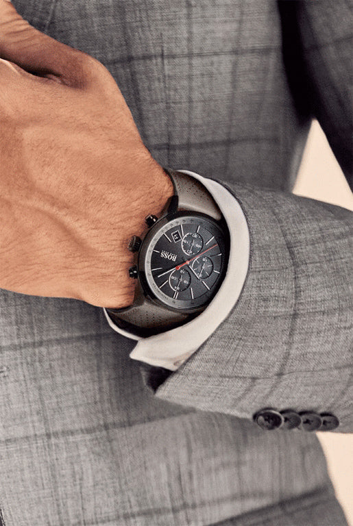 Hugo Boss Grand Prix Chronograph Black Dial Grey Leather Strap Watch for Men - 1513562