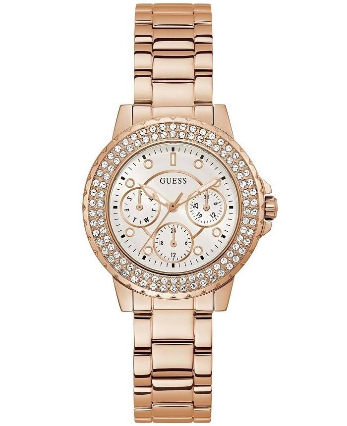 Guess Crown Jewel Multifunction Diamonds White Dial Rose Gold Steel Strap Watch For Women - GW0410L3