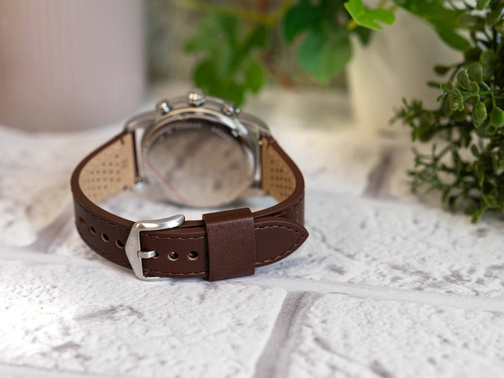 Fossil FS6042 Sport Tourer Men’s Chronograph Watch – White Dial with Brown Leather Strap