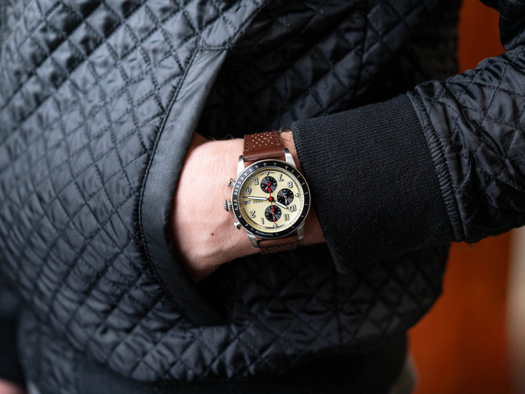 Fossil FS6042 Sport Tourer Men’s Chronograph Watch – White Dial with Brown Leather Strap