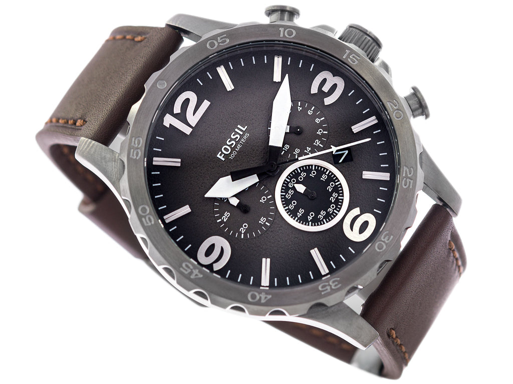 Fossil Nate Chronograph Grey Dial Brown Leather Strap Watch for Men - JR1424