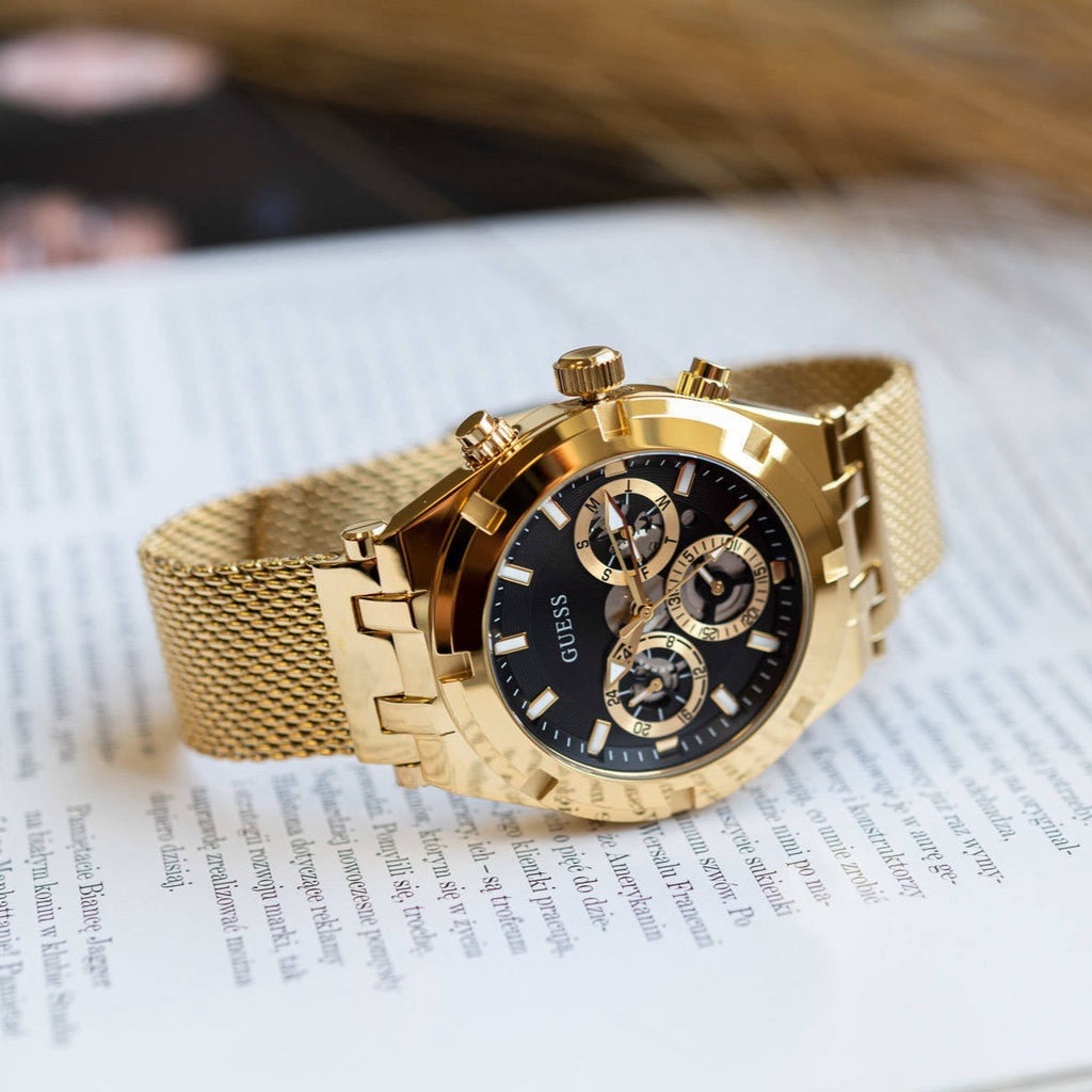 Guess Continental Chronograph Black Dial Gold Mesh Strap Watch For Men - GW0582G2