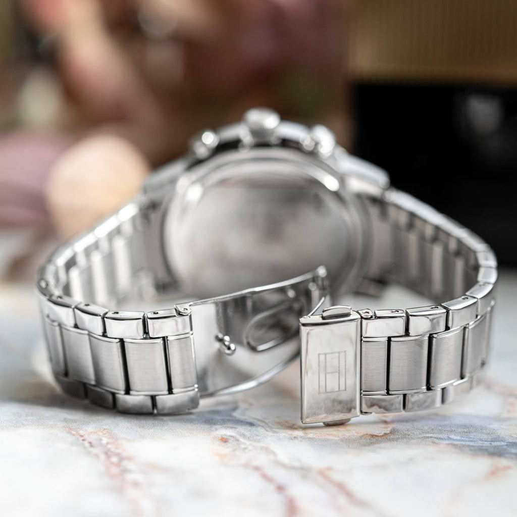 Tommy Hilfiger Troy Chronograph Blue Dial Silver Steel Strap Watch For Men - 1792104