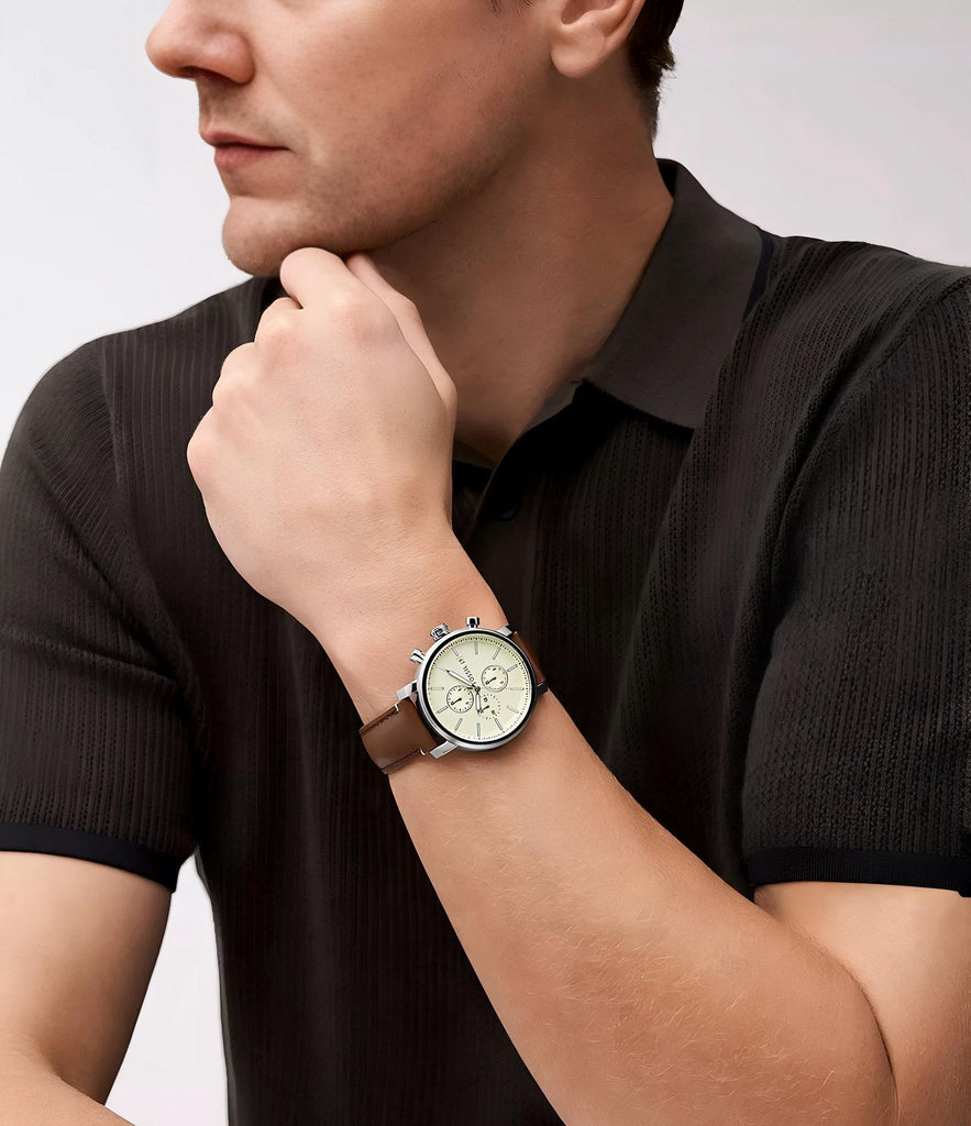 Fossil FS5380 Neutra Chronograph Men’s Watch – White Dial & Brown Leather Strap