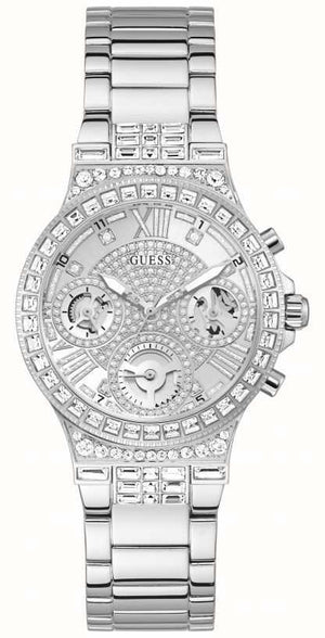 Guess Moonlight Multi Function Diamonds Silver Dial Silver Steel Strap Watch for Women - GW0320L1