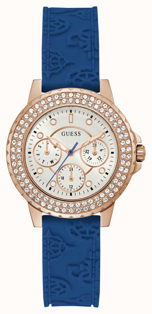 Guess Crown Jewel Diamonds White Dial Blue Rubber Strap Watch for Women - GW0411L2