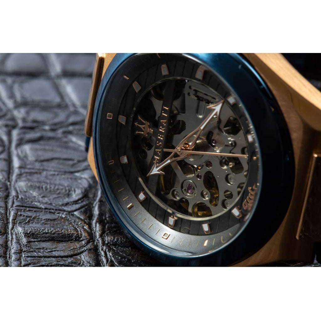 Maserati Triconic Skeleton Black Dial Blue Leather Strap Watch For Men - R8821139001