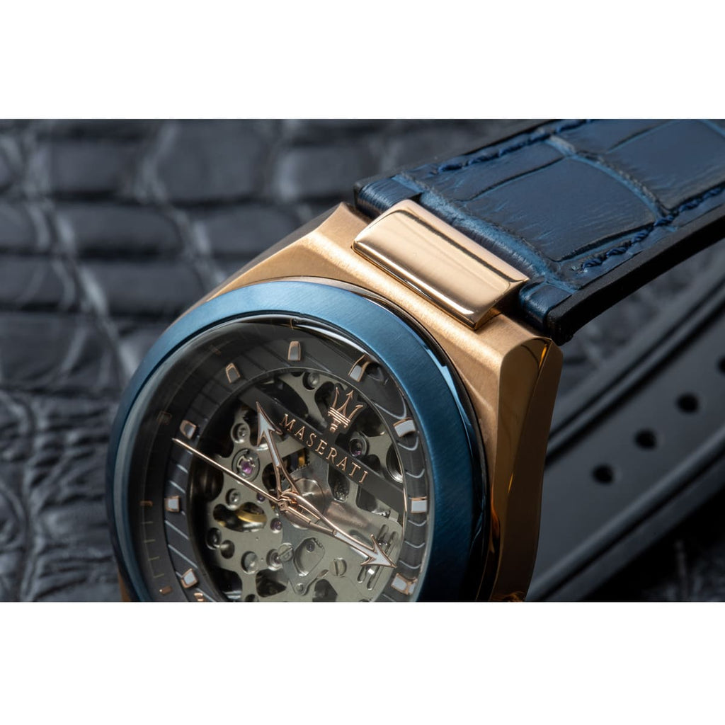 Maserati Triconic Skeleton Black Dial Blue Leather Strap Watch For Men - R8821139001