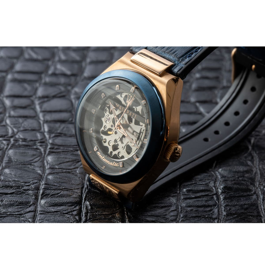 Maserati Triconic Skeleton Black Dial Blue Leather Strap Watch For Men - R8821139001