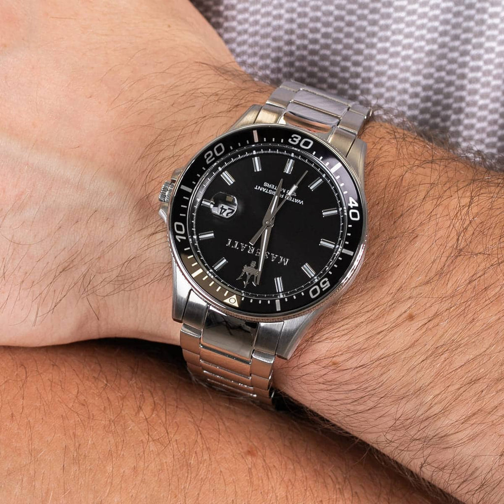 Maserati SFIDA Chronograph Black Dial Silver Steel Strap Watch For Men - R8853140005