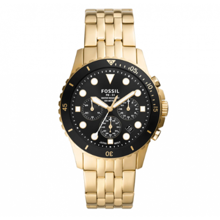 Fossil FB-01 Chronograph Black Dial Gold Steel Strap Watch for Men - FS5836