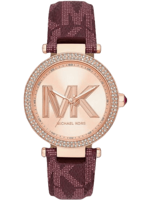 Michael Kors Parker Rose Gold Dial Maroon Leather Strap Watch For Women - MK2974