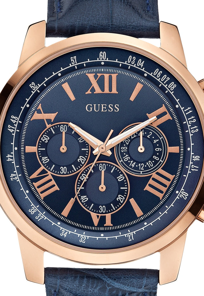 Guess Horizon Chronograph Blue Dial Blue Leather Strap Watch For Men - W0380G5