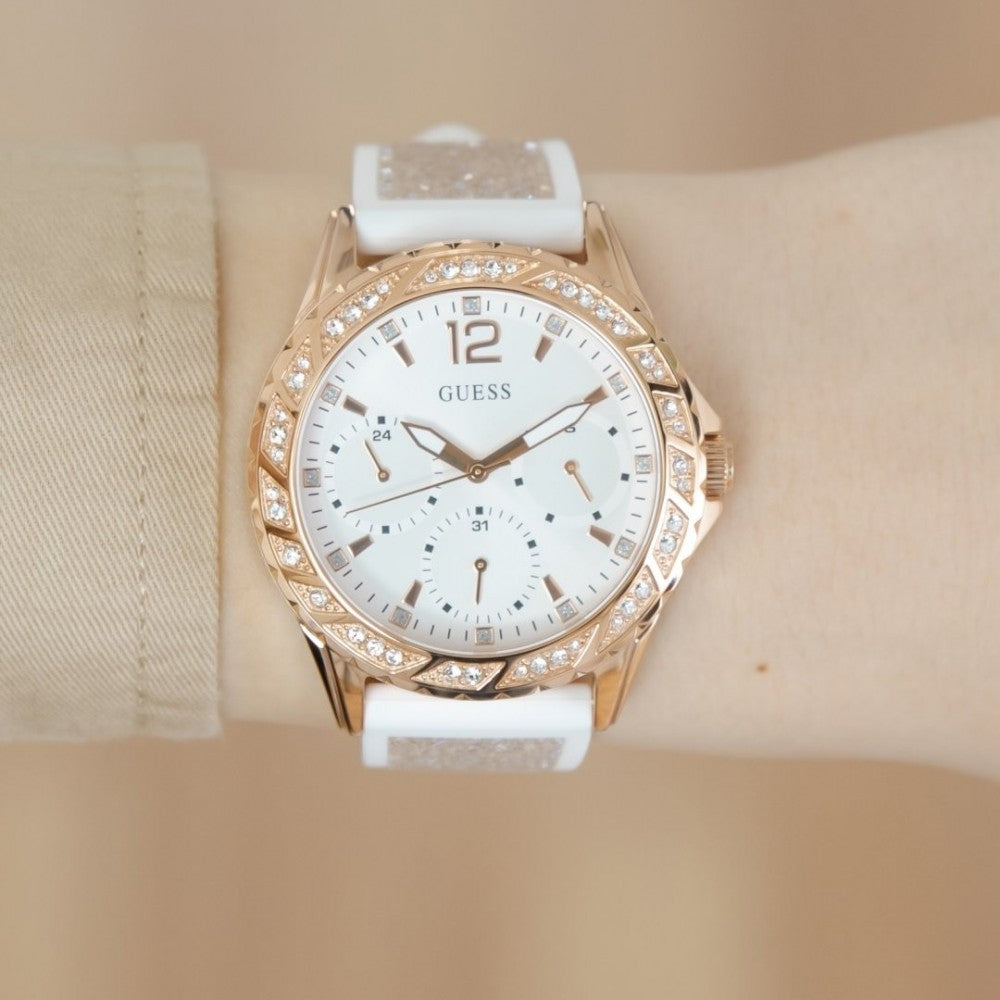 Guess Swirl Quartz Silver Dial White Rubber Strap Watch For Women - W1096l2