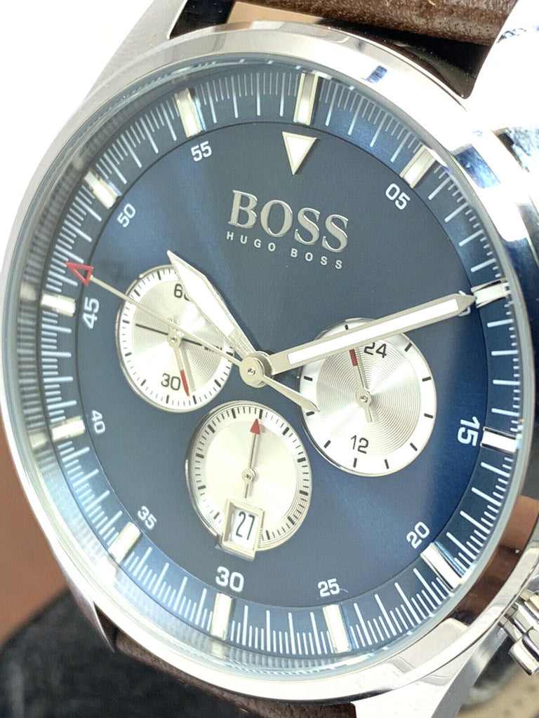 Hugo Boss Pioneer Chronograph Blue Dial Brown Leather Strap Watch For Men - 1513709
