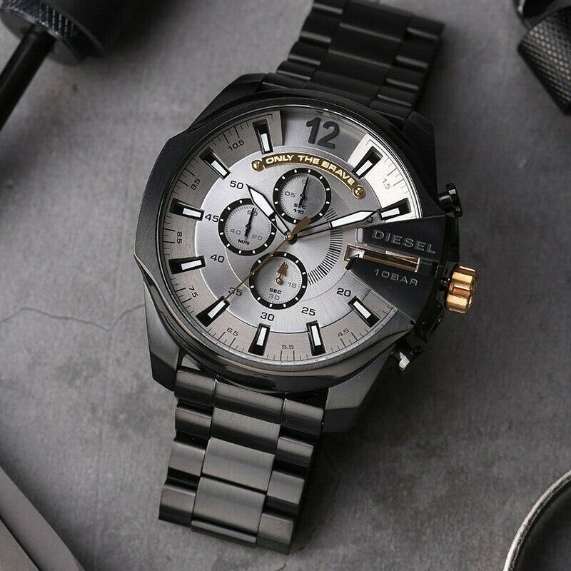 Diesel Mega Chief Chronograph Grey Dial Black Steel Strap Watch For Men - DZ4479