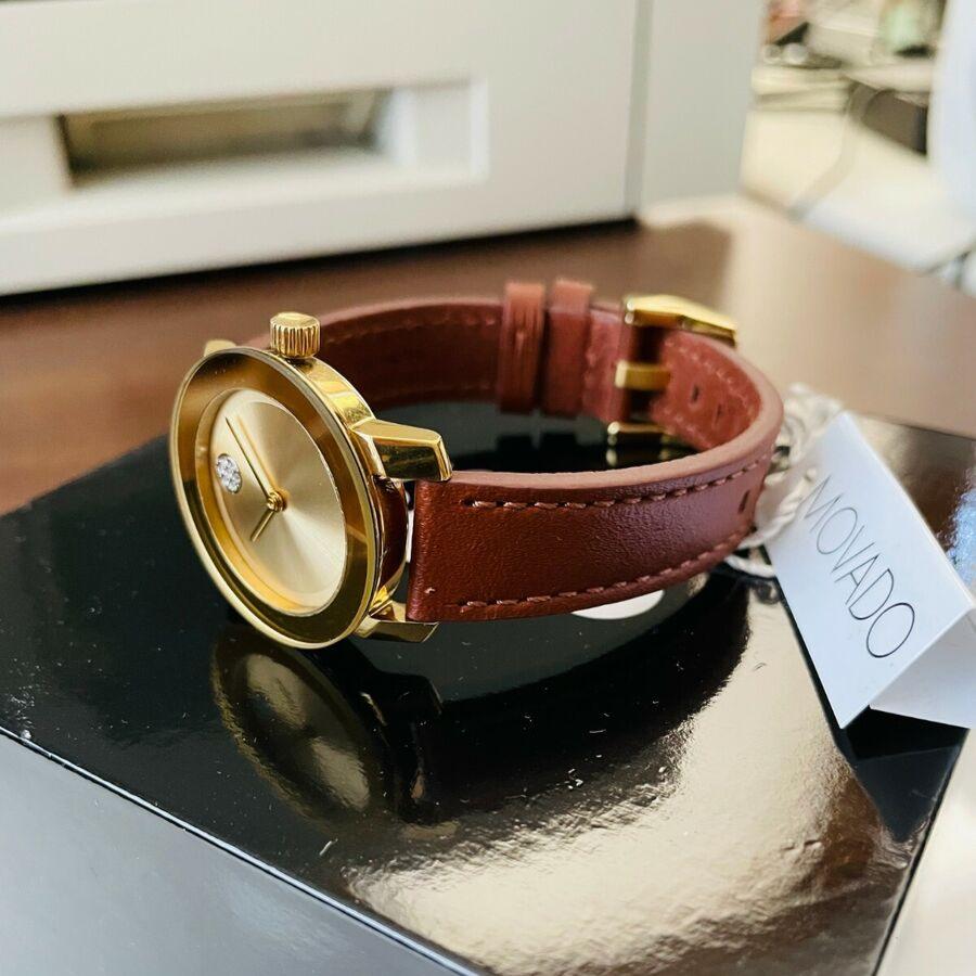 Movado 3600437 Bold Quartz Women's Watch – Gold Dial & Brown Leather Strap