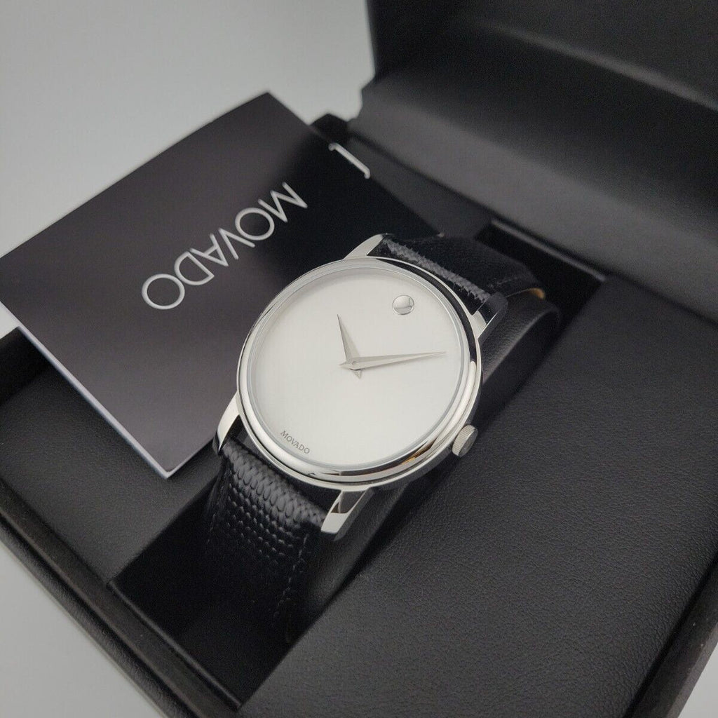 Movado Museum Quartz Silver Dial Black Leather Strap Watch For Men - 2100001