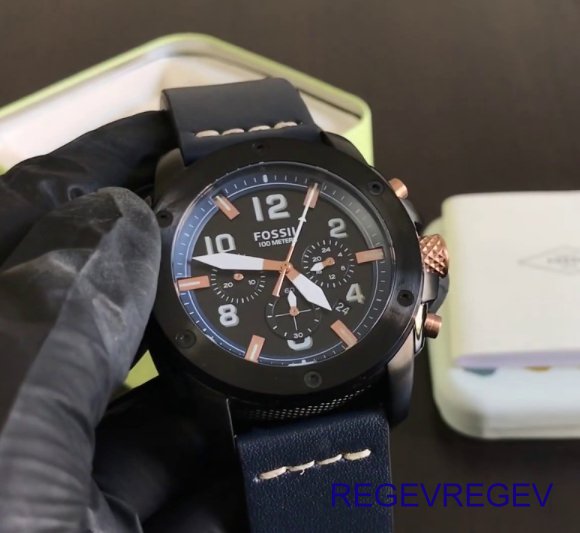 Fossil Modern Machine Chronograph Black Dial Blue Leather Strap Watch for Men - FS5066