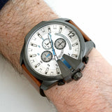 Diesel Mega Chief Chronograph White Dial Brown Leather Strap Watch For Men - DZ4280