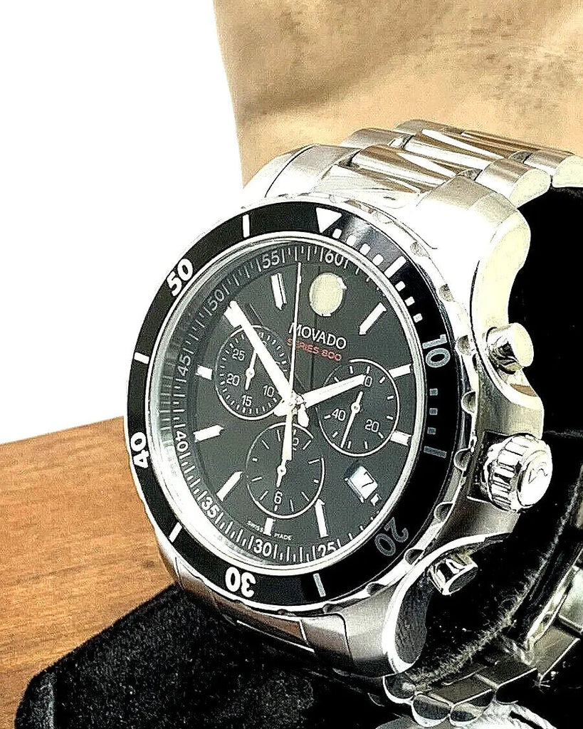 Movado Series 800 Chronograph Black Dial Silver Steel Strap Watch For Men - 2600142