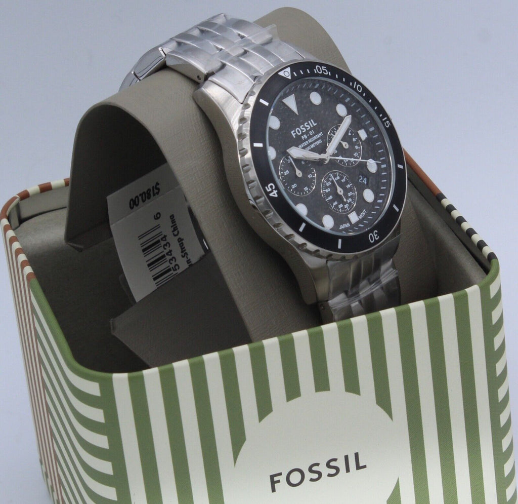 Fossil FS5837 FB-01 Chronograph Men’s Watch – Black Dial with Silver Steel Strap
