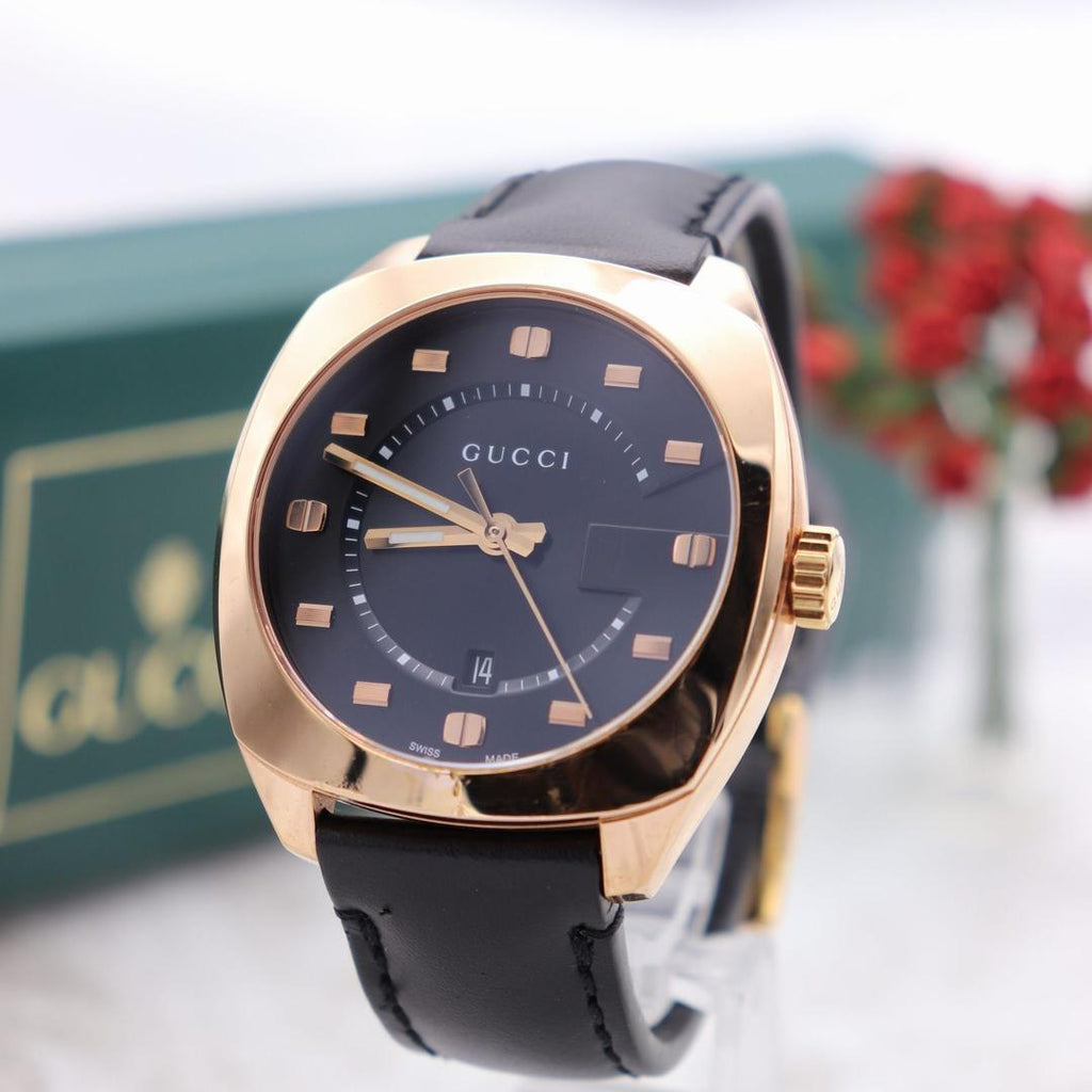 Gucci GG2570 Quartz Black Dial Black Leather Strap Watch For Men - YA142309
