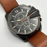 Diesel Mega Chief Chronograph Black Dial Brown Leather Strap Watch For Men - DZ4343