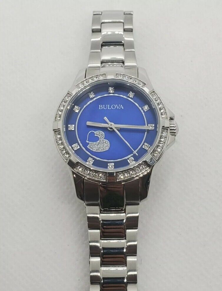 Bulova Crystal Collection Blue Mother of Pearl Dial Silver Steel Strap Watch for Women - 96L238