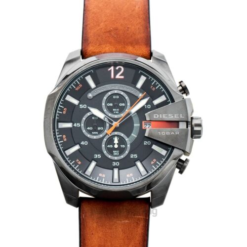 Diesel Mega Chief Chronograph Black Dial Brown Leather Strap Watch For Men - DZ4343