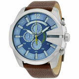 Diesel Mega Chief Chronograph Blue Dial Brown Leather Strap Watch For Men - DZ4281