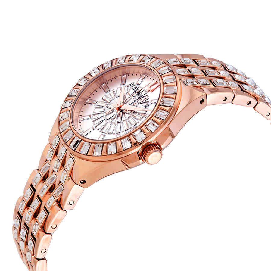 Bulova Phantom White Dial with Swarovski Baguettes Rose Gold Steel Strap Watch for Women - 98L268