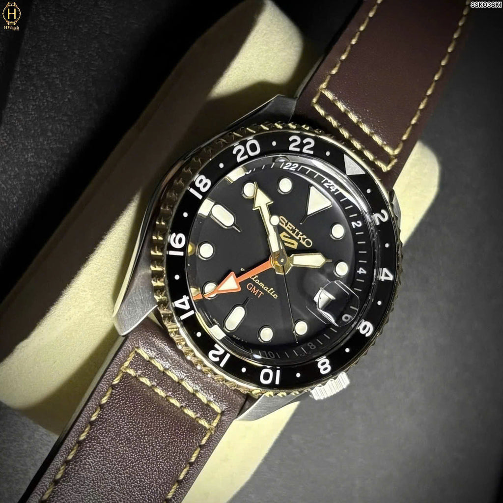 Seiko 5 Sports SSK036K1 SKX GMT Automatic Men's Watch – Mocha Black Dial & Brown Leather Strap