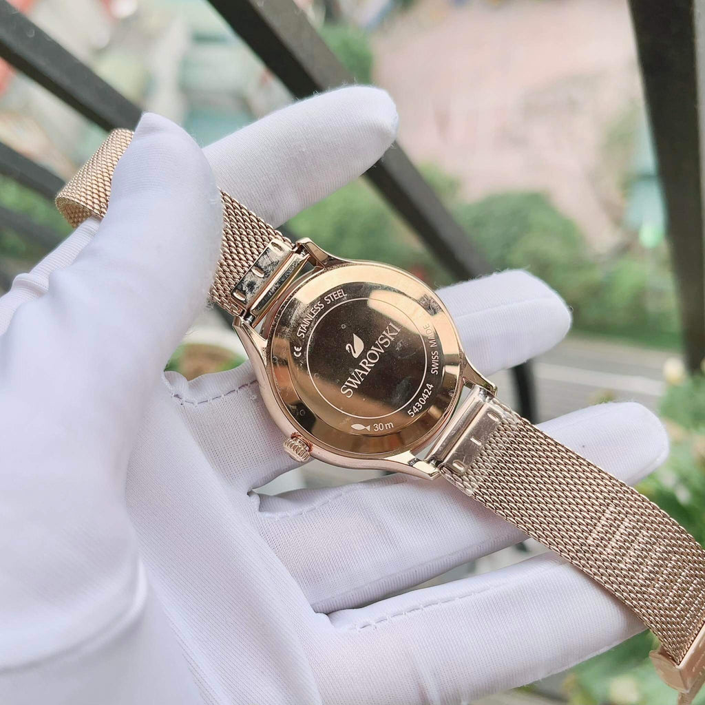 Swarovski Octea Nova Black Dial Rose Gold Mesh Bracelet Watch for Women - 5430424