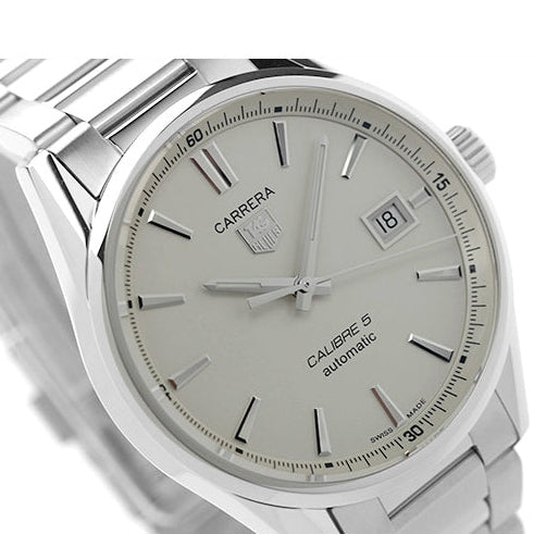 Tag Heuer Carrera Automatic Caliber 5 White Dial Silver Steel Strap Watch for Men - WAR211B.BA0782