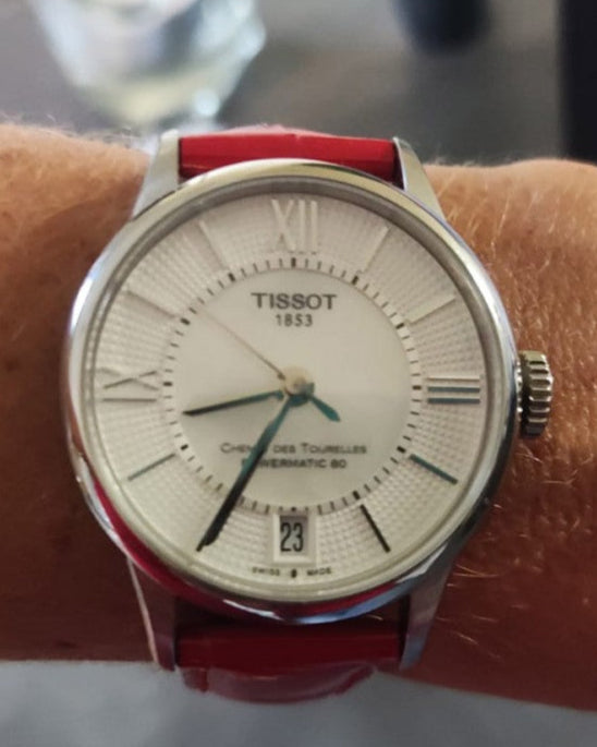 Tissot Chemin Des Tourelles Automatic Mother of Pearl White Dial Red Leather Strap Watch For Women - T099.207.16.118.00