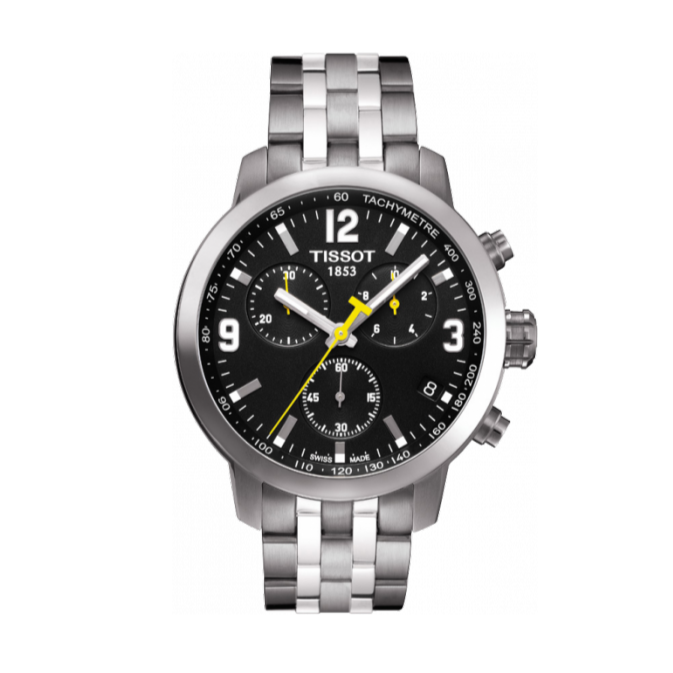 Tissot PRC 200 Chronograph Black Dial Silver Steel Strap Watch For Men - T055.417.11.057.00