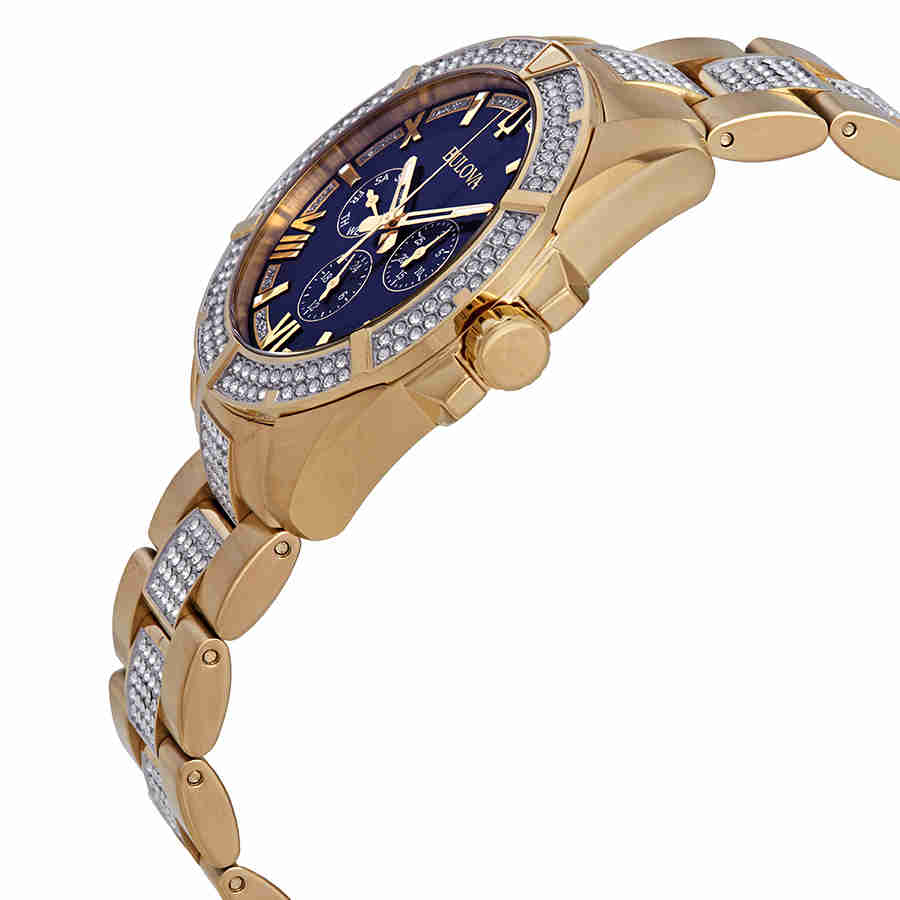 Bulova Crystal Collection Blue Dial Gold Steel Strap Watch for Men - 98C128